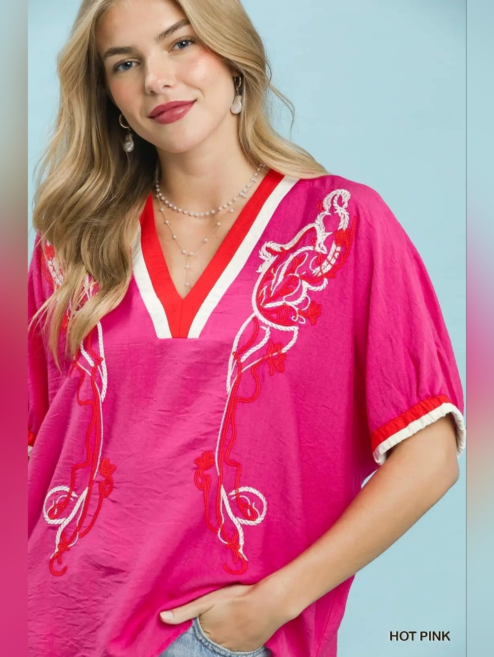 Umgee Embroidered Floral V-Neck Short Sleeve Blouse with Contrast Trim - Picture 2 of 8